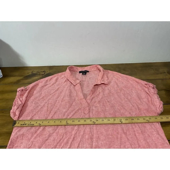 Tahari Blouse Women 1X Pink Linen Blend Short Sleeve V-Neck Top - Picture 7 of 9